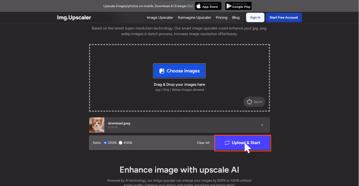 upload & start on Img.Upscaler