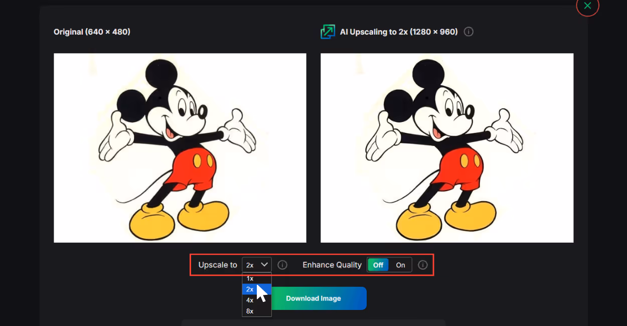 upscale the image in 2x, 4x, or 8x scale size