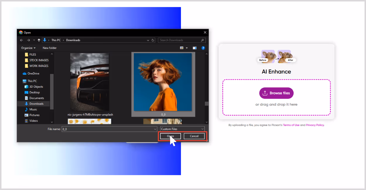 Upload an image n Picsart website for upscale image
