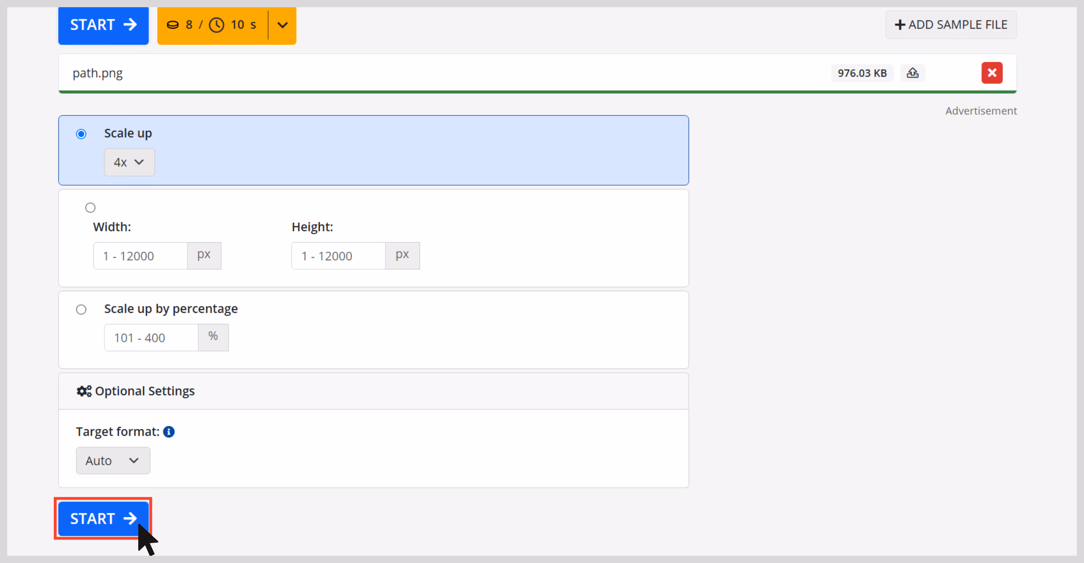 Click on “Start” to begin with image upscaling