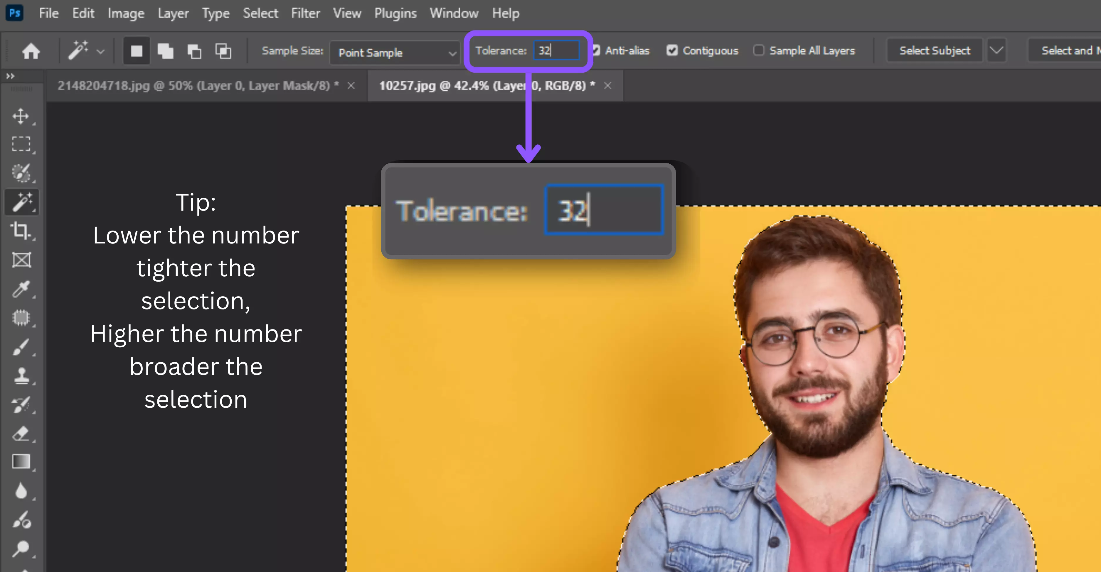 Adjust the tolerance in the top options bar