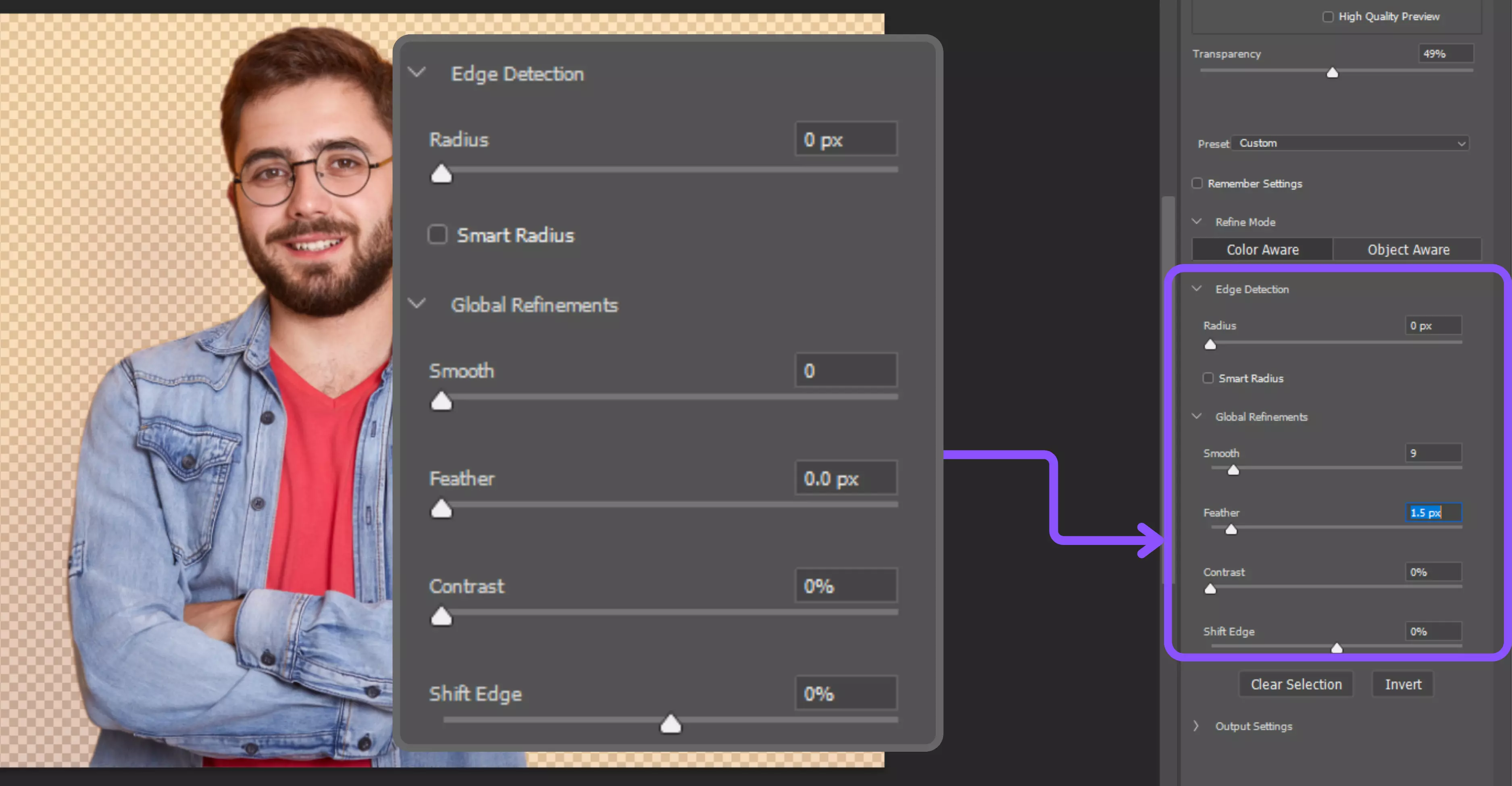 Select > Modify > Expand/Feather or using Select and Mask