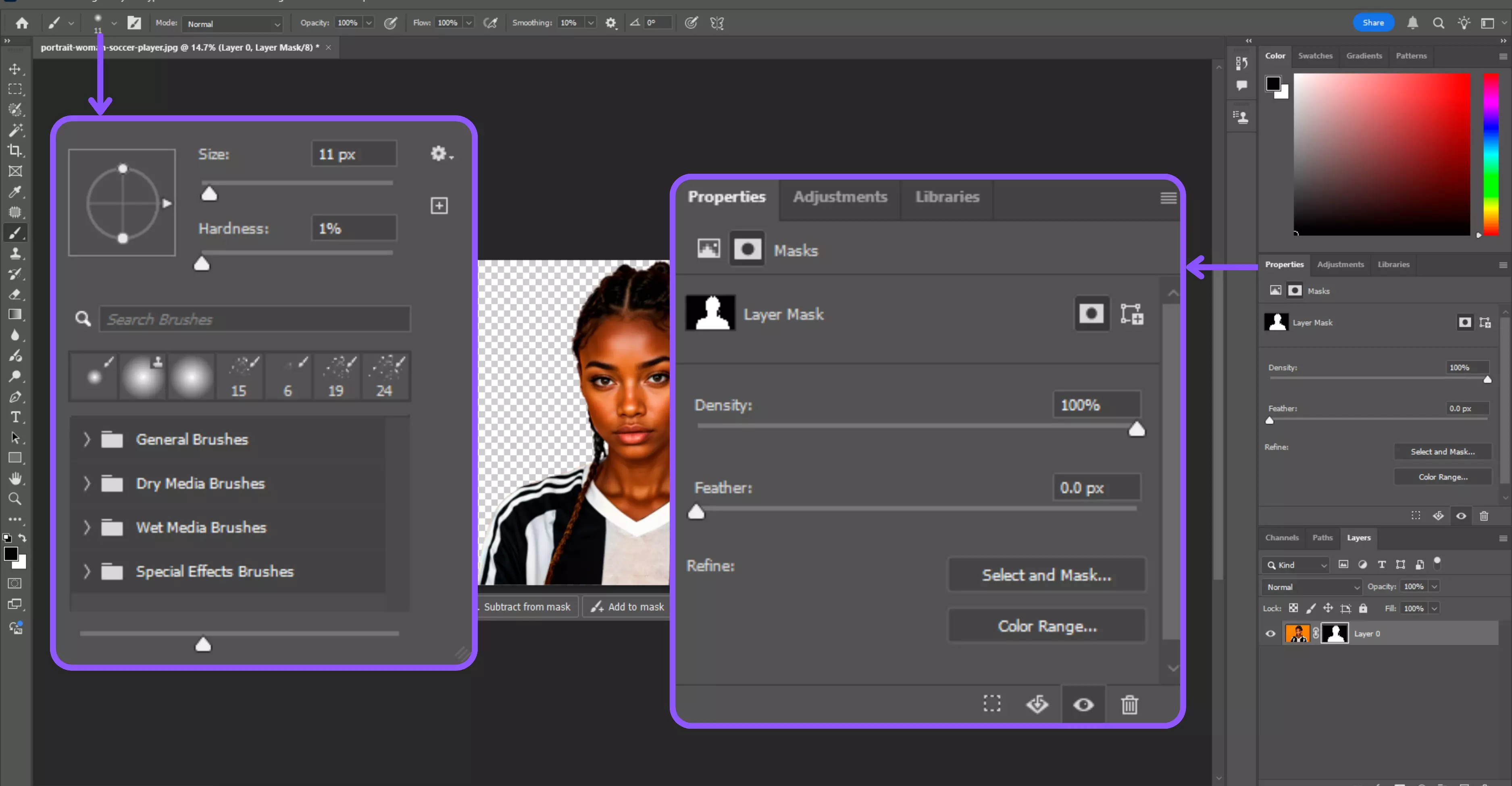 use Select and Mask to further refine the edges of the mask