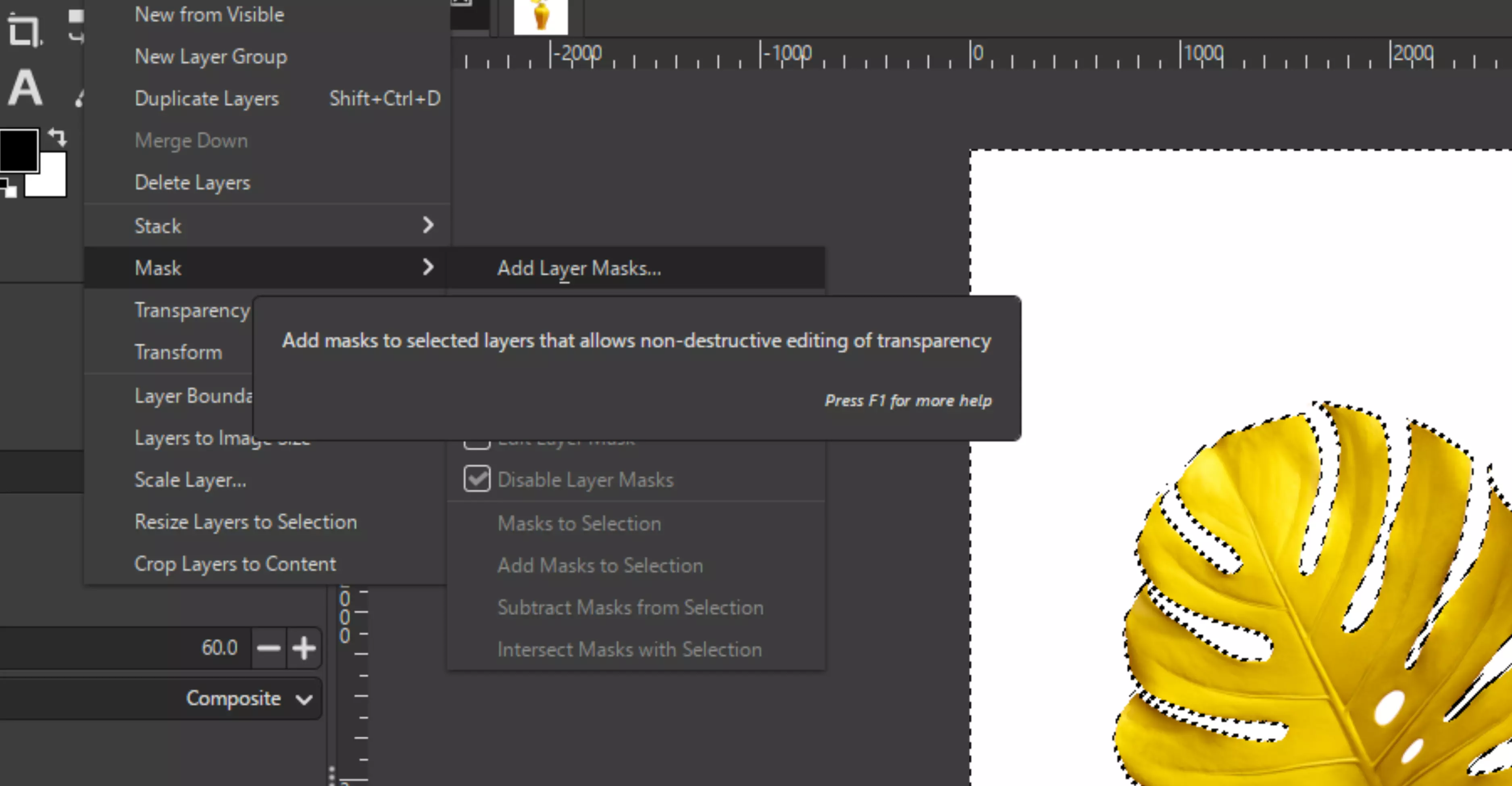 go to Layer → Transparency → Add Alpha Channel