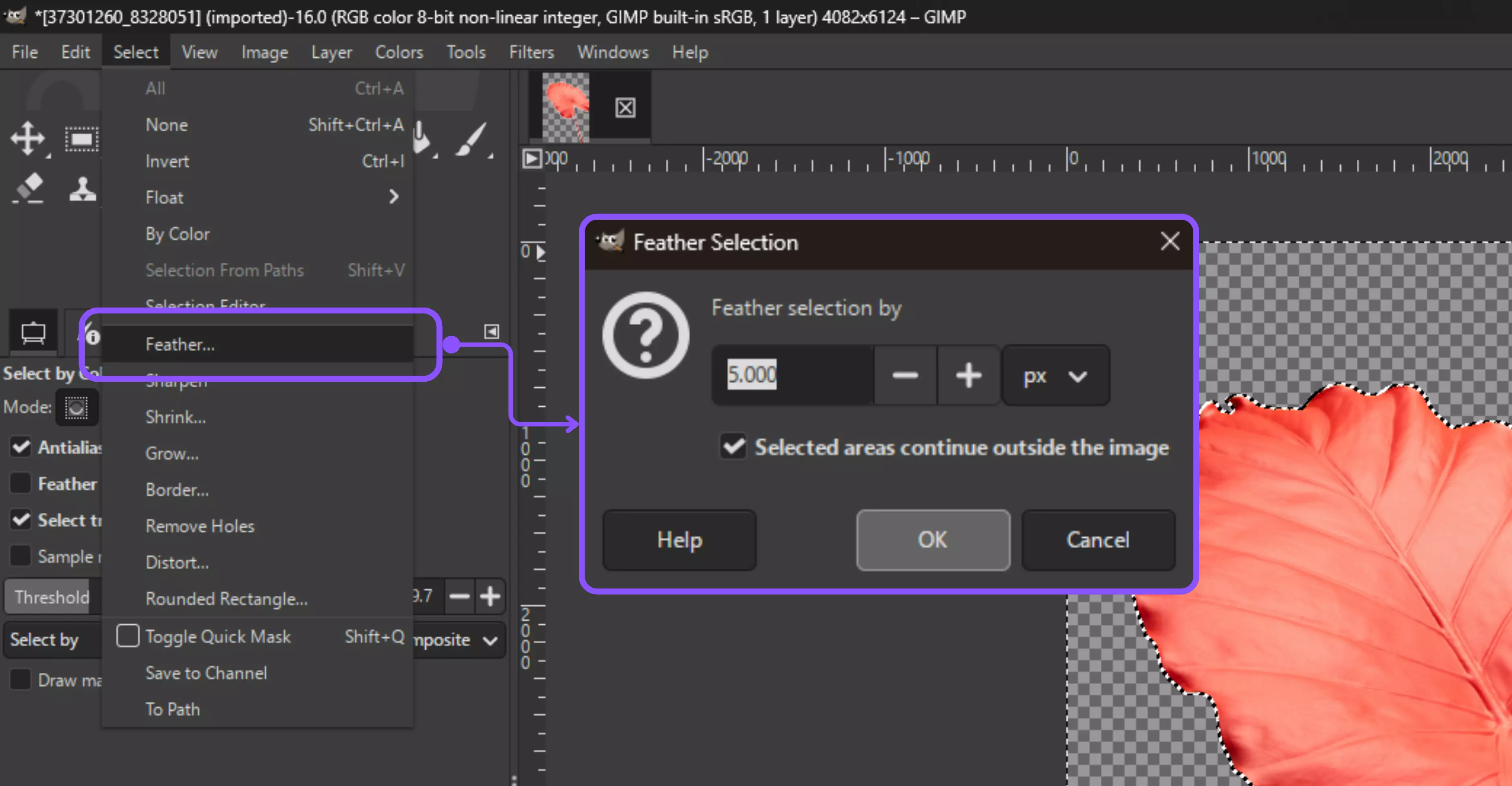 go to Select → Feather to soften the edges slightly