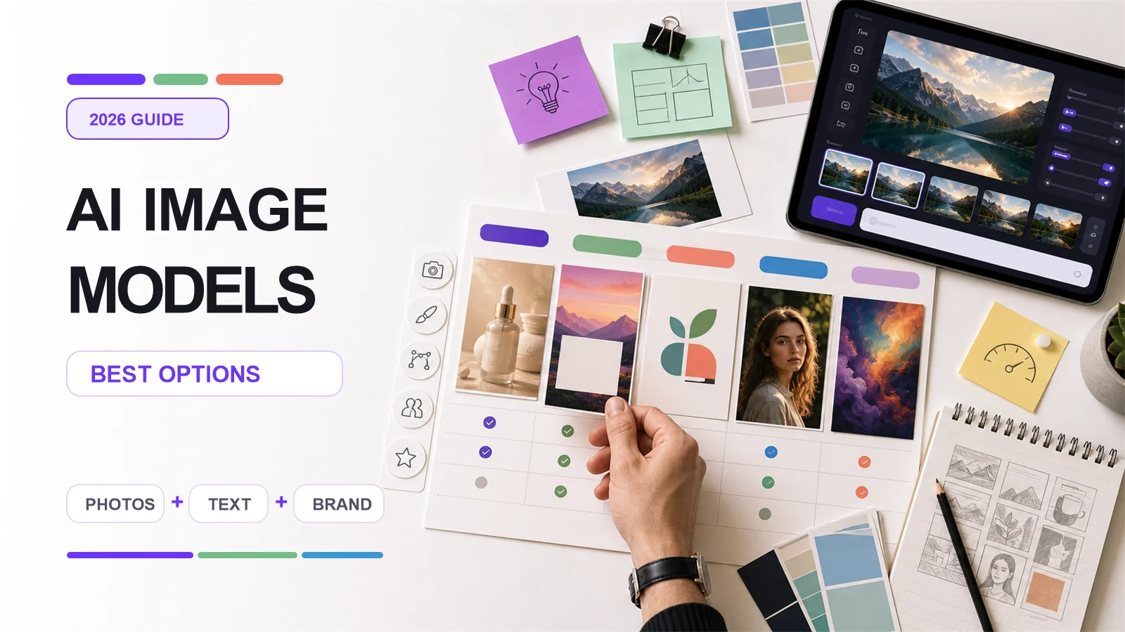 AI image models comparison board showing image samples for photos, text, brand graphics, portraits, and creative artwork.