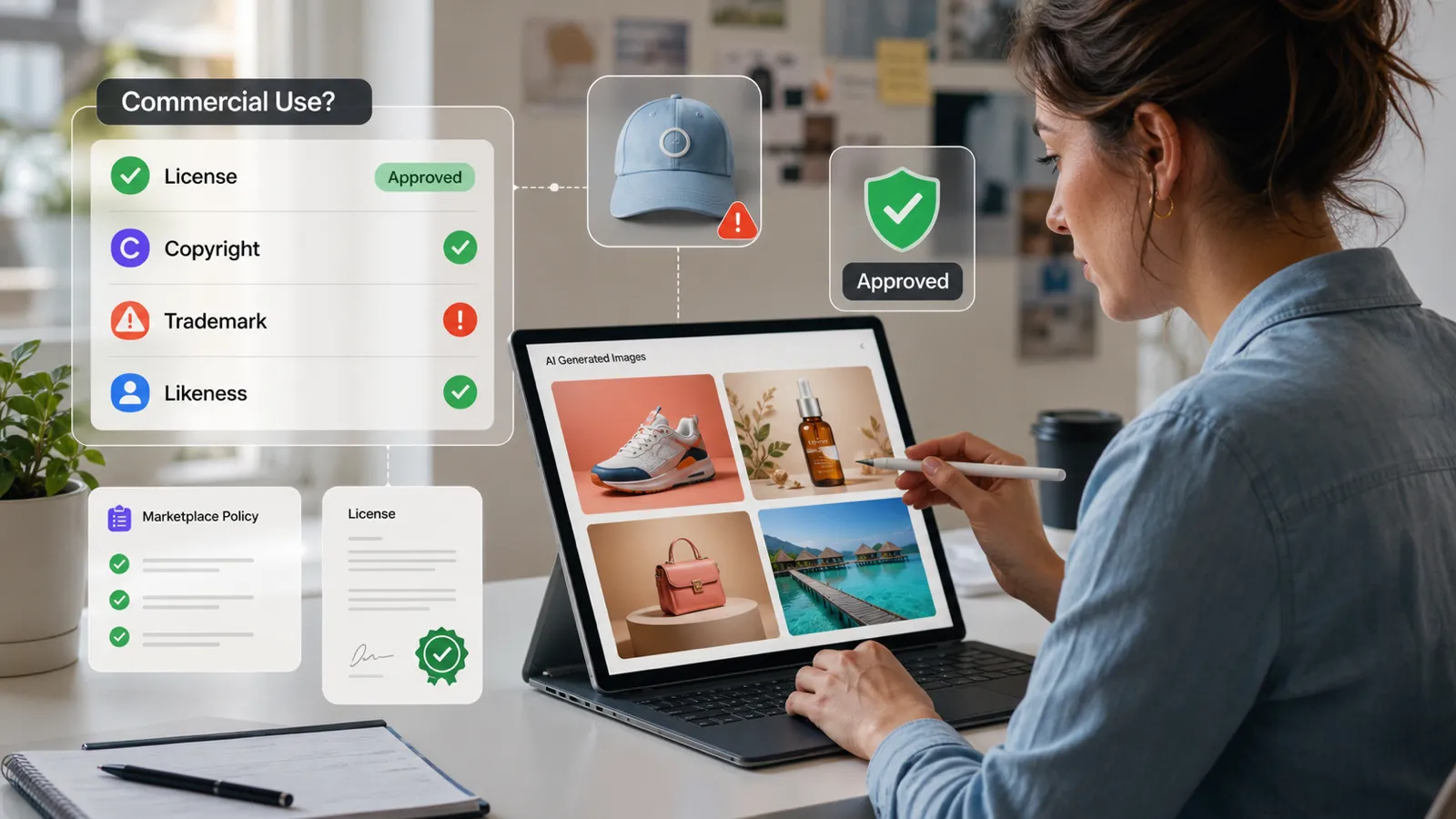 A creator reviews AI-generated images with a commercial-use checklist for license, copyright, trademark and likeness approval.