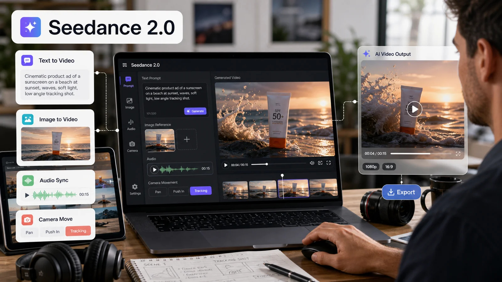 Creator using Seedance 2.0 workflow with text-to-video, image-to-video, audio sync, camera movement, video preview and export controls.