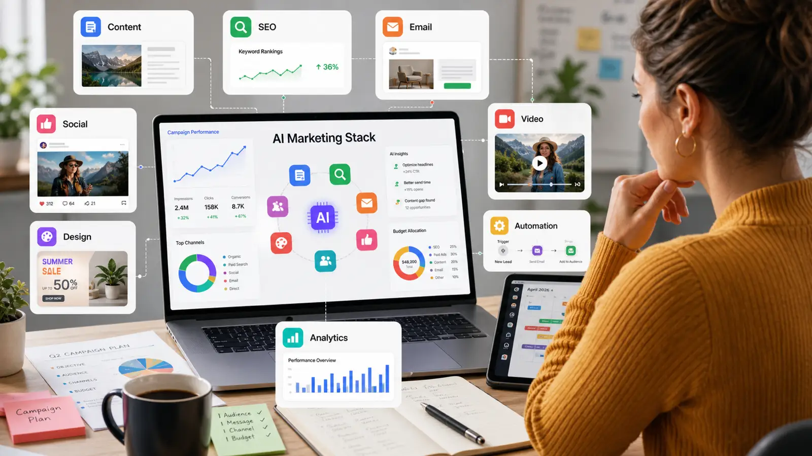 Marketer reviewing an AI marketing stack dashboard with content, SEO, email, social, design, video, automation and analytics tools.