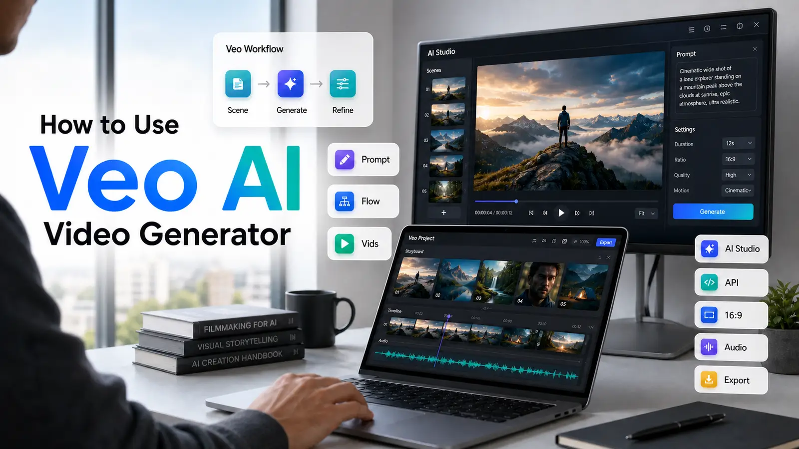 Google Veo AI video generator workflow showing prompt, scene generation, editing timeline, audio, export options, and AI video dashboard on a creator workspace.
