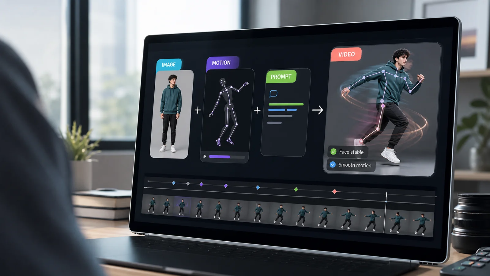 AI motion control video workflow showing a character image, motion reference, prompt, and generated video result.
