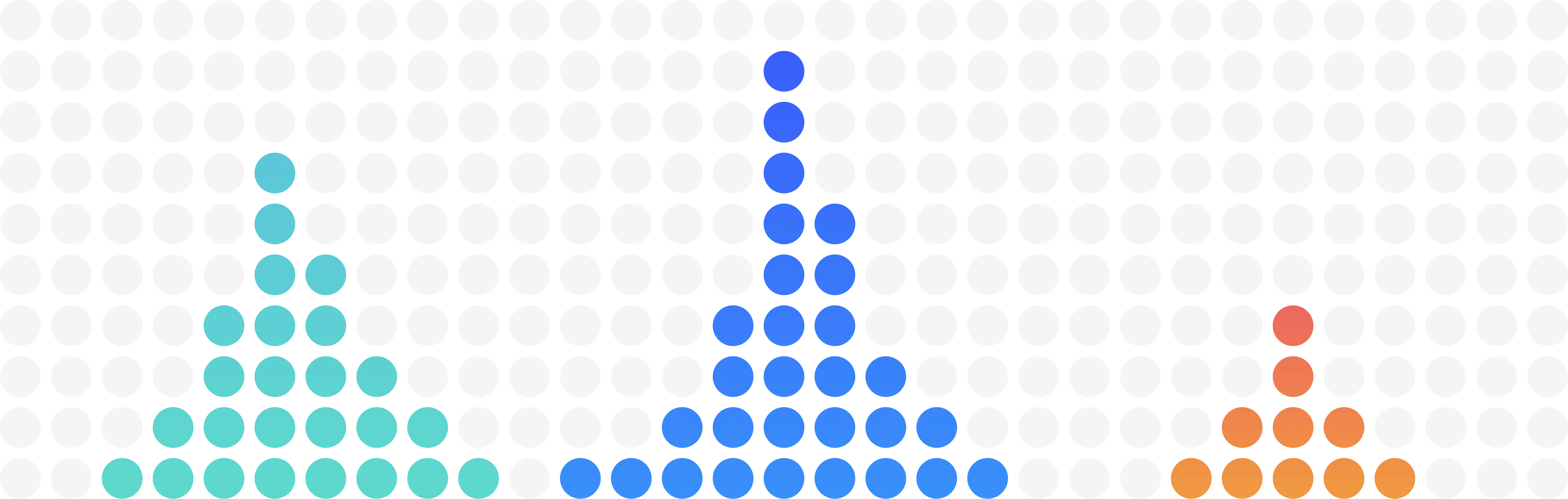 Three vertical dot graphs in teal, blue, and orange showing distributions with varying heights and widths.