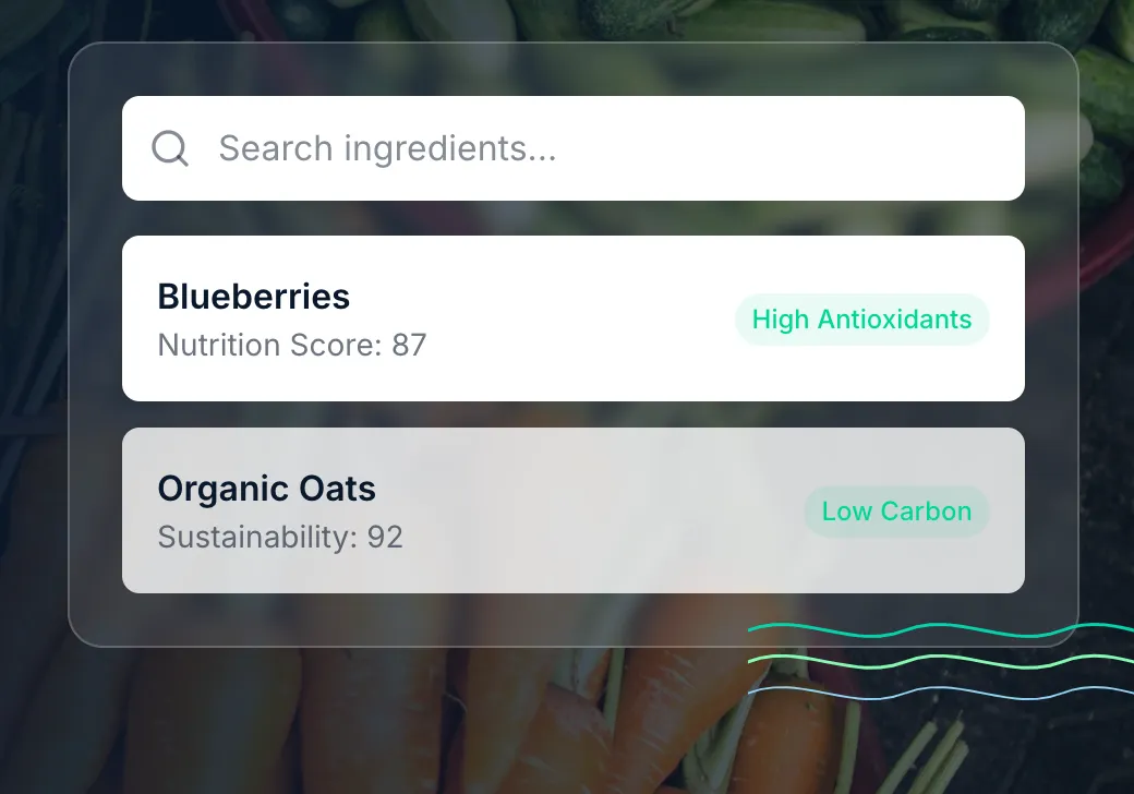 Search bar with ingredients list showing blueberries with nutrition score and organic oats with sustainability rating.