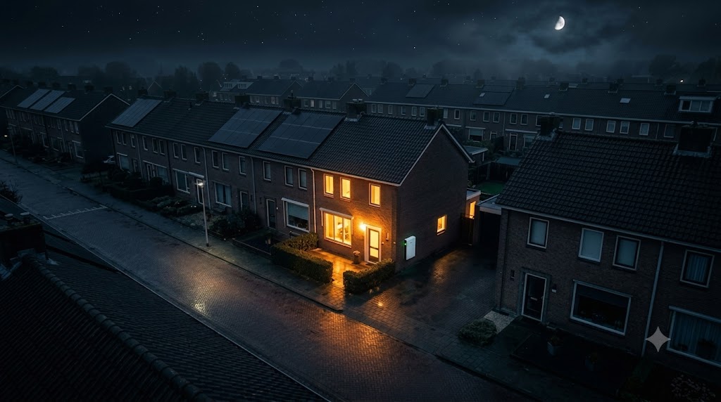 Woning in de avond, ’s avonds op eigen zonnestroom