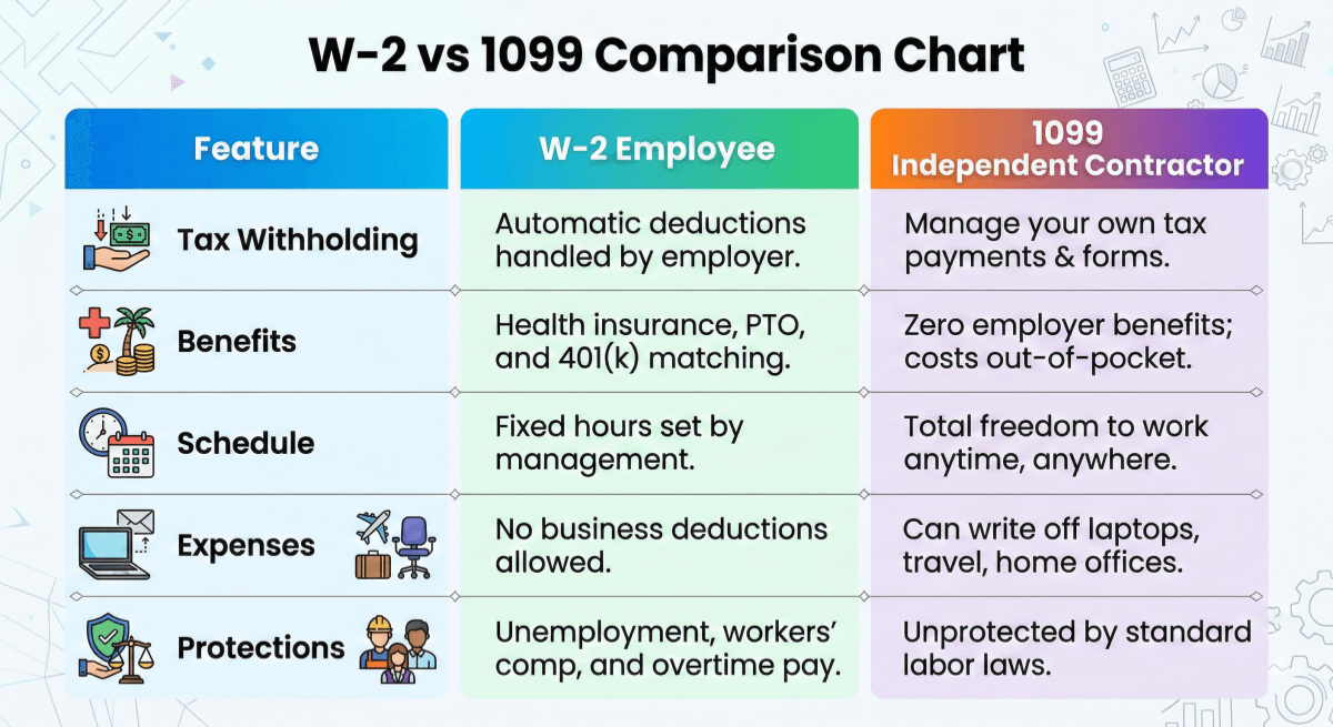 W-2 vs 1099 Comparison Chart