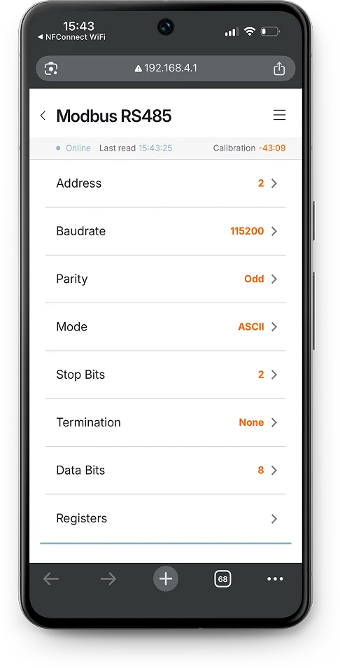 Alledio OEM multi-sensor Modbus RS485 configuration in the local web app.