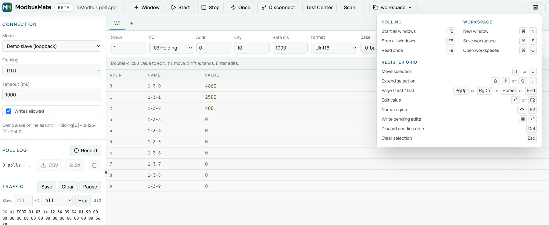 ModbusMate keyboard shortcuts panel