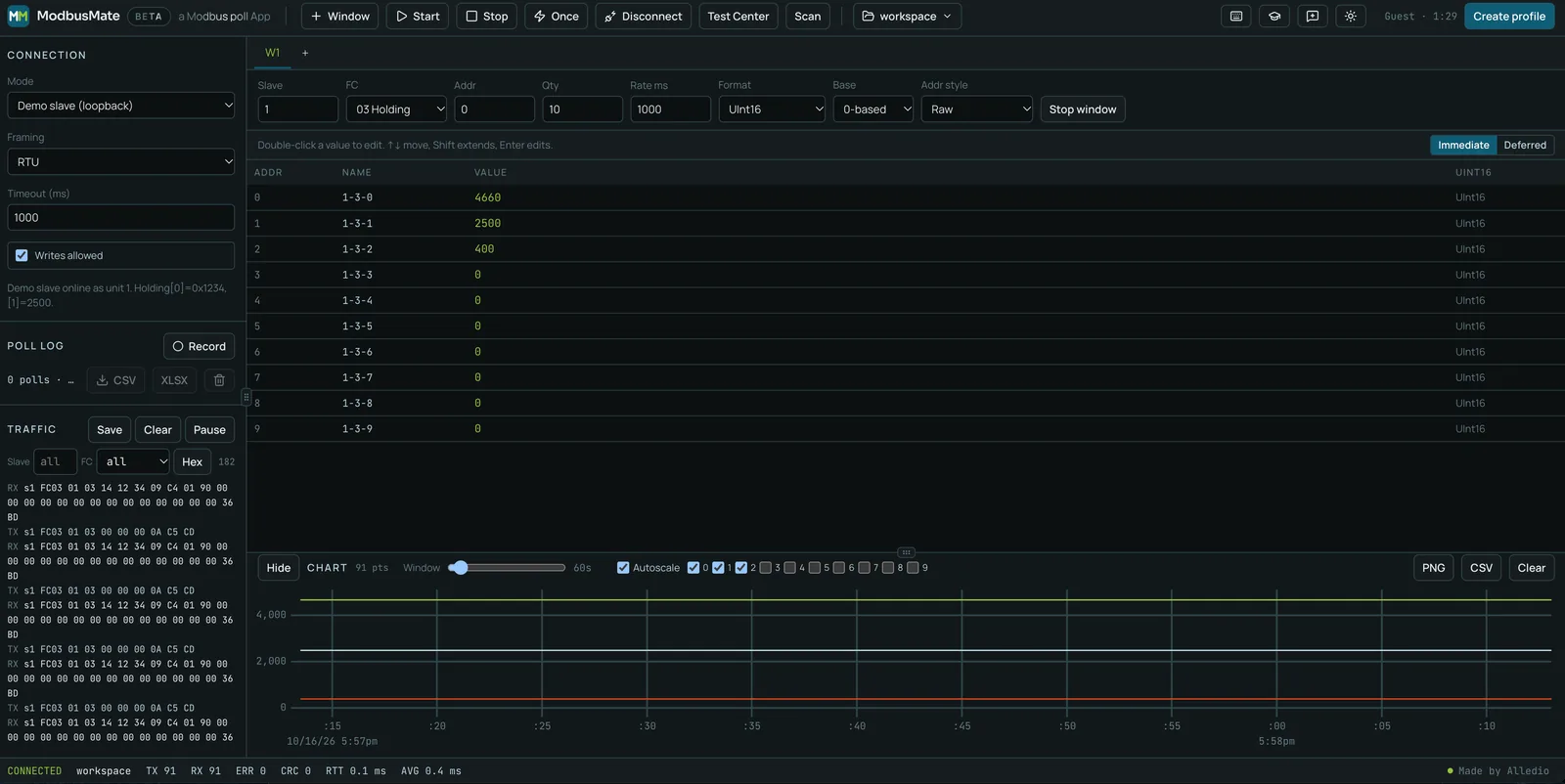ModbusMate workspace in dark mode