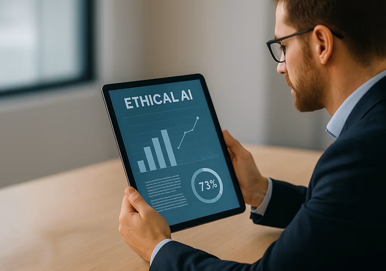 A man in a suit holding a tablet with a chart on it.