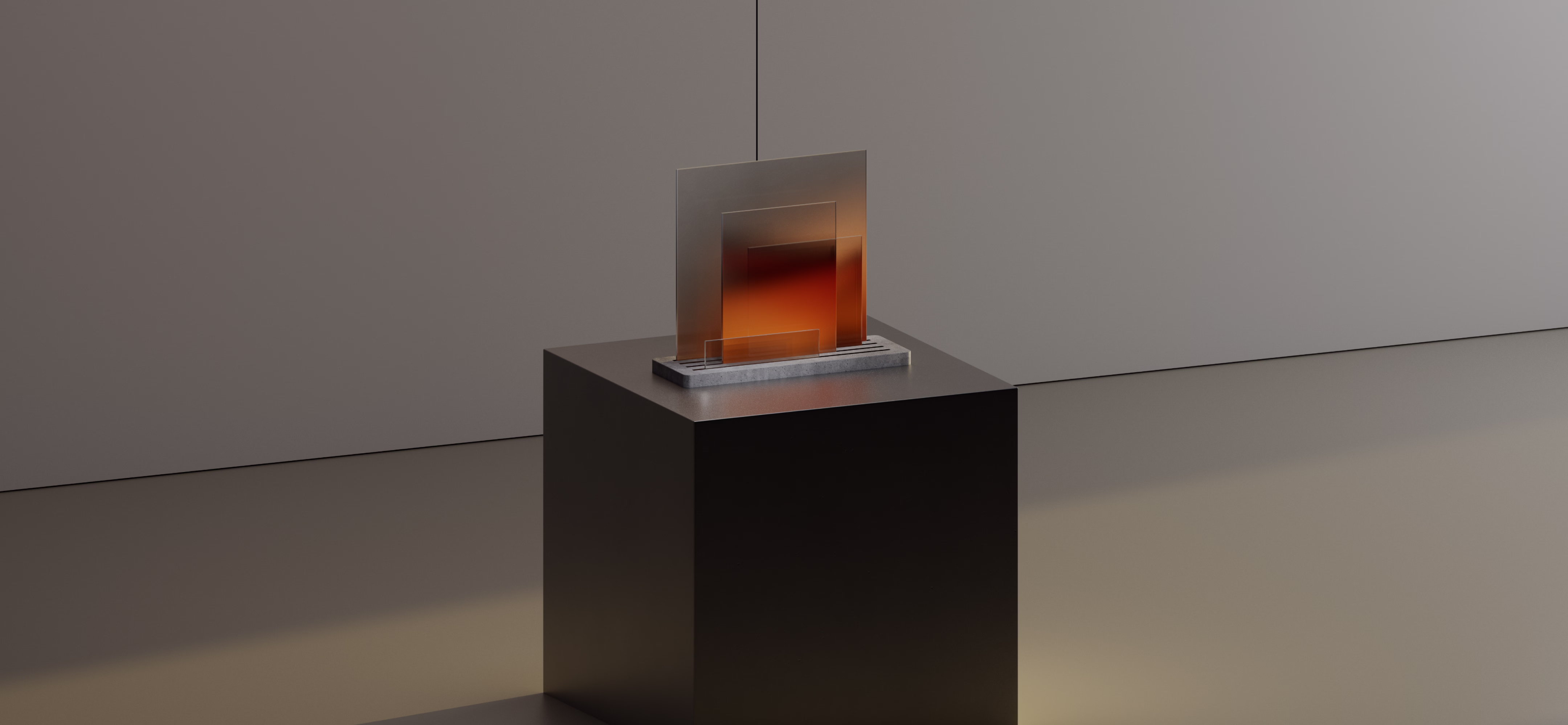Modern art installation featuring layered translucent rectangular panels with an orange gradient, displayed on a black pedestal in a minimalist gallery setting.