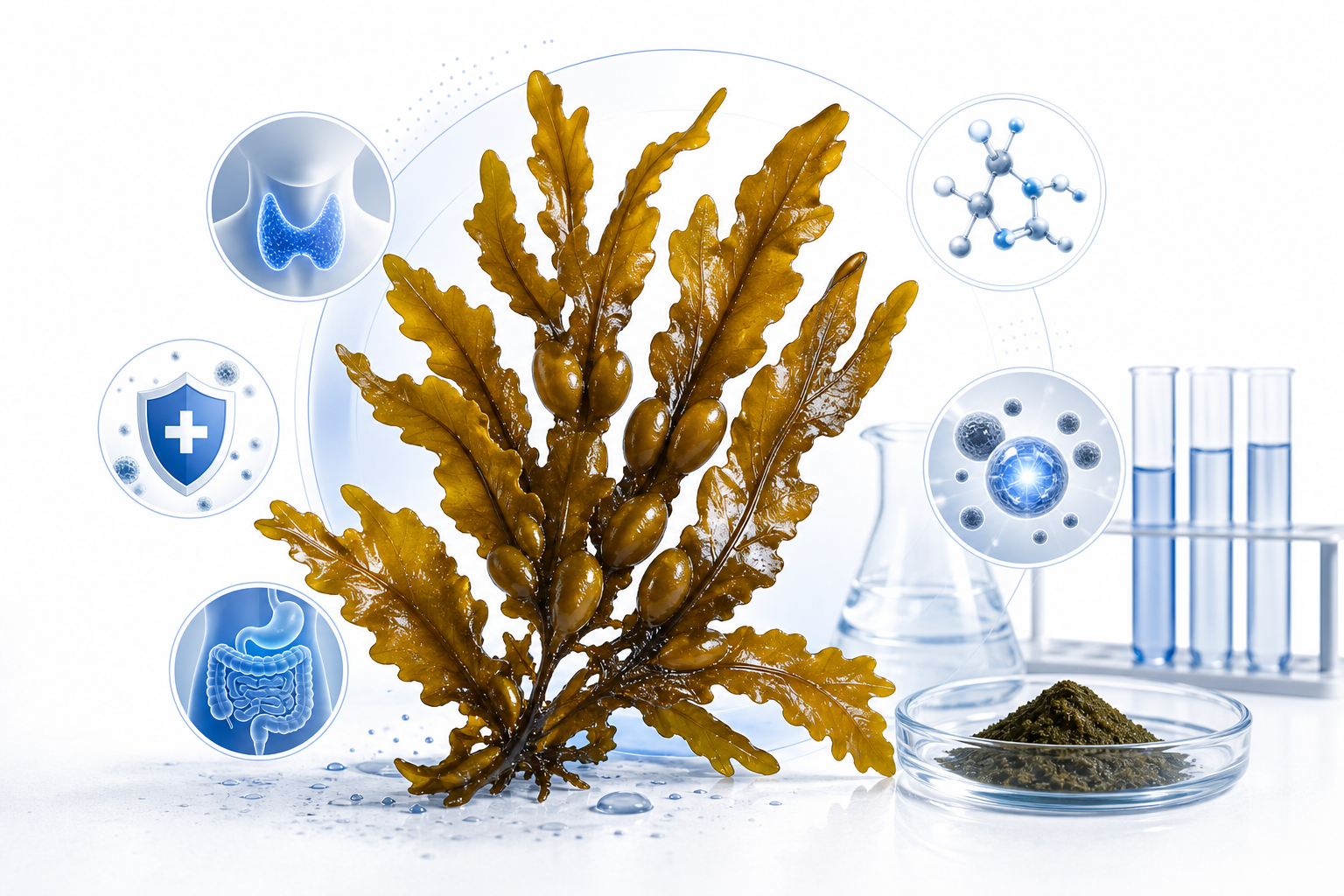 Close-up of fresh bladderwrack seaweed with visible air bladders resting on a rocky Atlantic shoreline