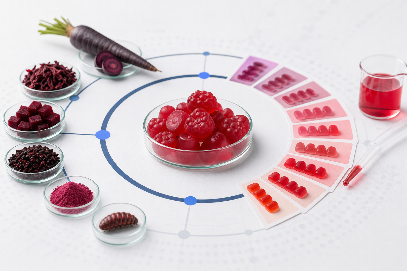 Side-by-side glass bowls of natural red food colorants including beet powder, paprika, and berry extracts on a white surface