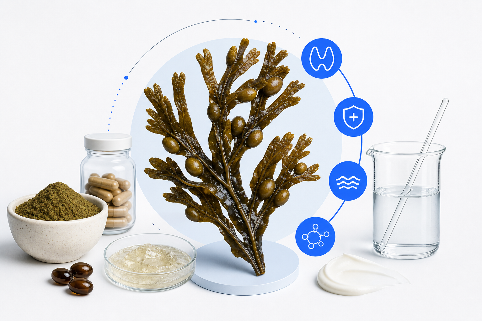 Close-up of fresh bladderwrack seaweed with visible air bladders on rocky coastal shoreline