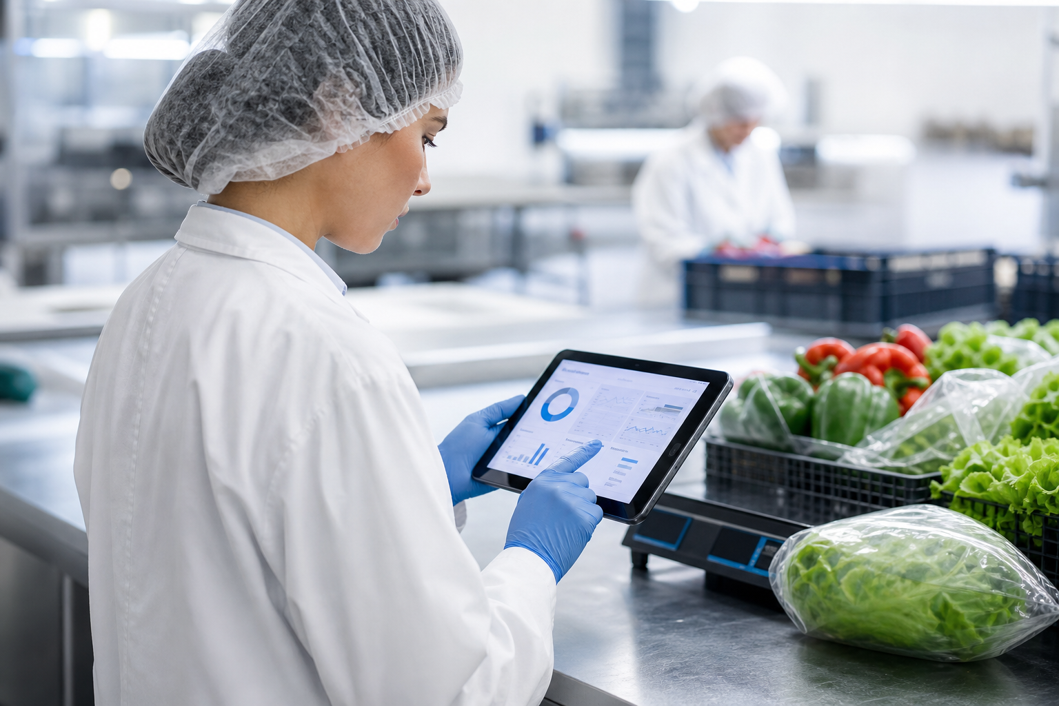 A food safety professional reviewing compliance software on a tablet inside a commercial food production facility
