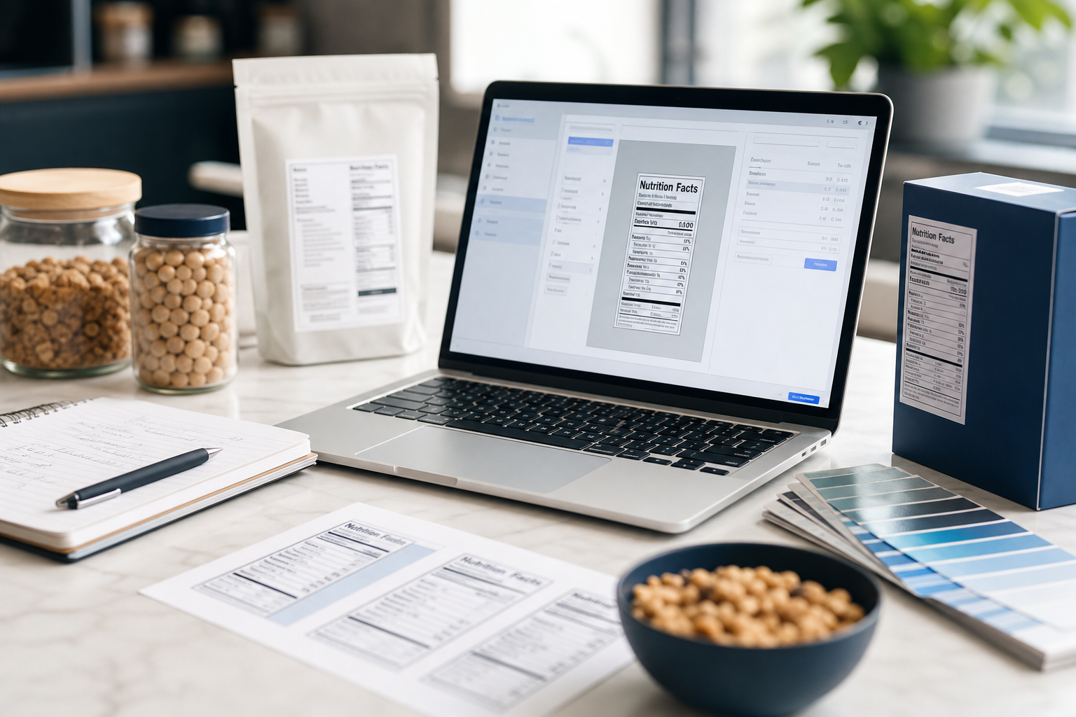 CPG team reviewing FDA compliant nutrition labels generated by a food label generator tool on a laptop screen