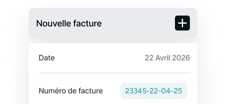 Interface d'une nouvelle facture affichant la date 22 Avril 2026 et le numéro de facture 23345-22-04-25 avec un bouton plus.