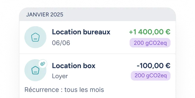 Tableau des revenus et dépenses de janvier 2025 montrant un revenu de 1 400 € pour location bureaux avec 200 gCO2eq et une dépense de 100 € pour location box avec 200 gCO2eq, récurrence tous les mois.