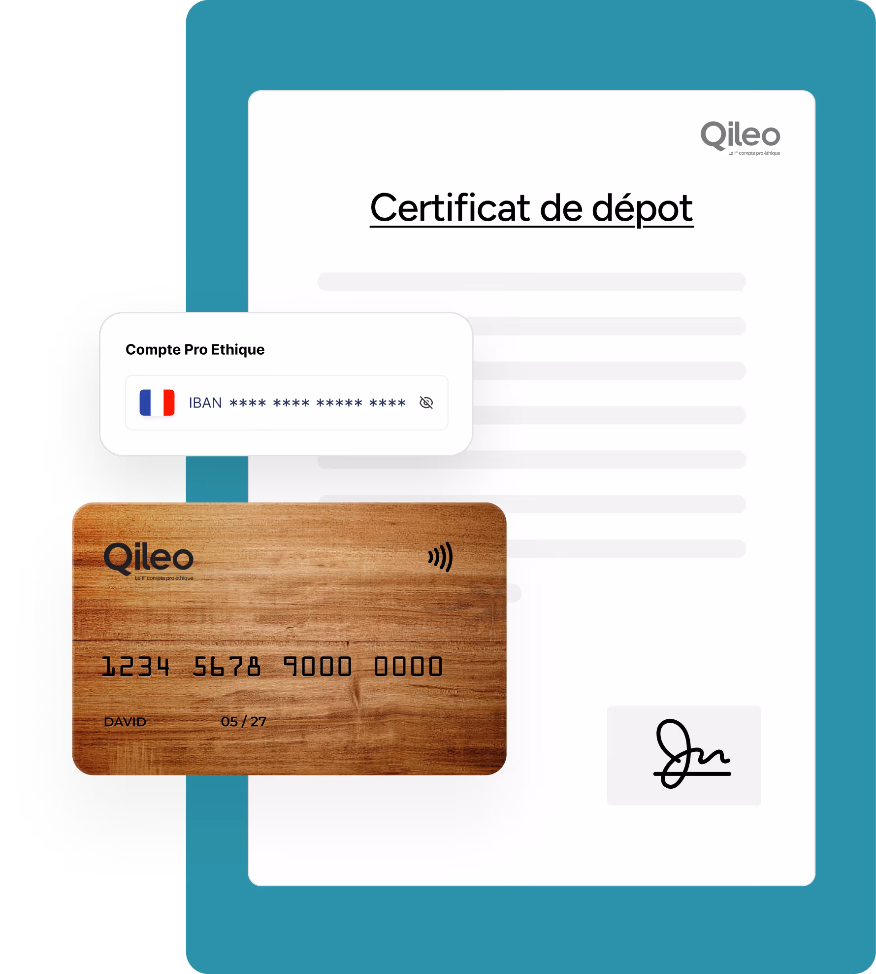 Certificat de dépôt Qileo avec une carte bancaire en bois personnalisée et une vignette indiquant un IBAN masqué avec drapeau français.