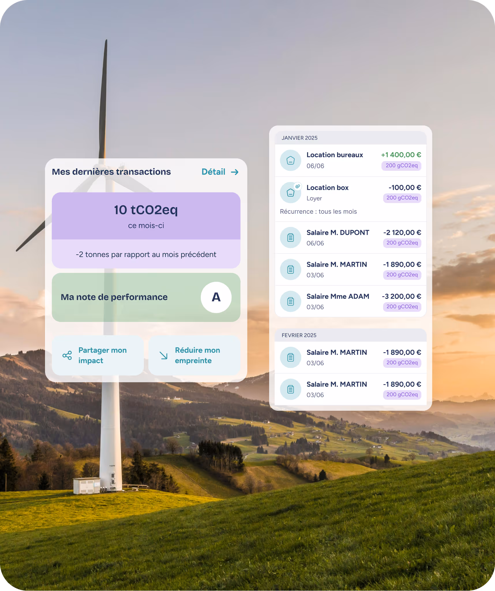 Paysage vallonné avec éolienne au premier plan sous un ciel au coucher du soleil et interface numérique affichant les transactions financières et l'empreinte carbone du mois en tonnes de CO2 équivalent.
