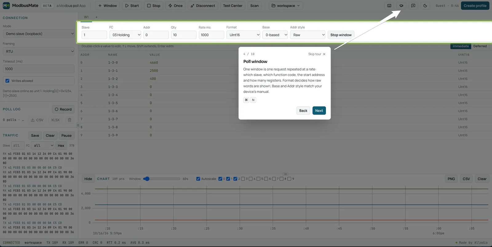 ModbusMate guided tour explaining the poll window settings, step 4 of 10