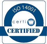 ISO 14001 certified blue circular badge with stylized text and a small white 'W' in the center.