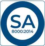 Blue circular certification mark with letters SA and the code 8000:2014 inside.