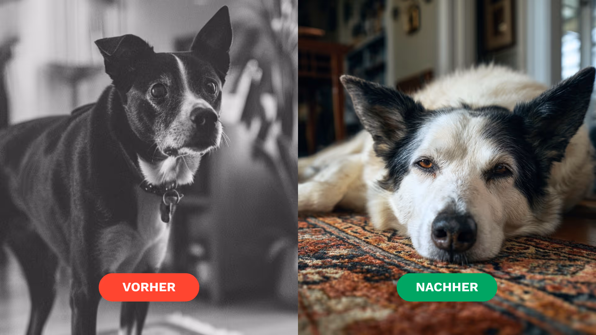 Vorher-Nachher-Vergleich eines Hundes aus der Challenge – Hundetraining.de