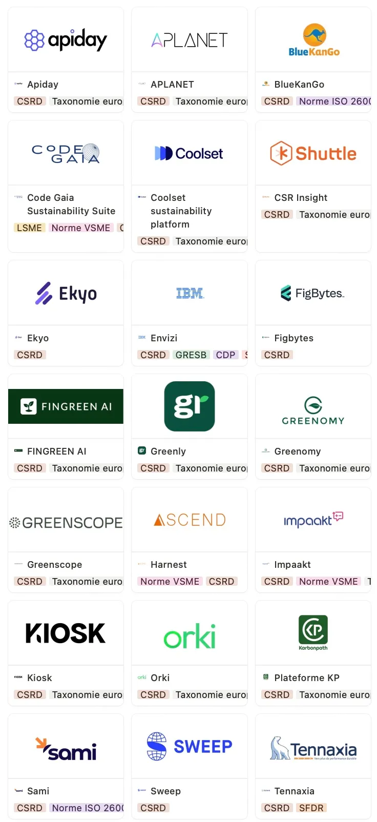 Mapping des logiciels VSME & CSRD 2025, Plateforme KP, Tennaxia, Ekyo, Greenscope, Orki, Apiday, Toovalu, Kiosk, CSR Insight, FINGREEN AI, Zei, Greenomy, Sami, Envizi, Code Gaia Sustainability Suite, APLANET, Figbytes, Harnest, Impaakt, BlueKanGo, Coolset sustainability platform, Greenly, Sweep