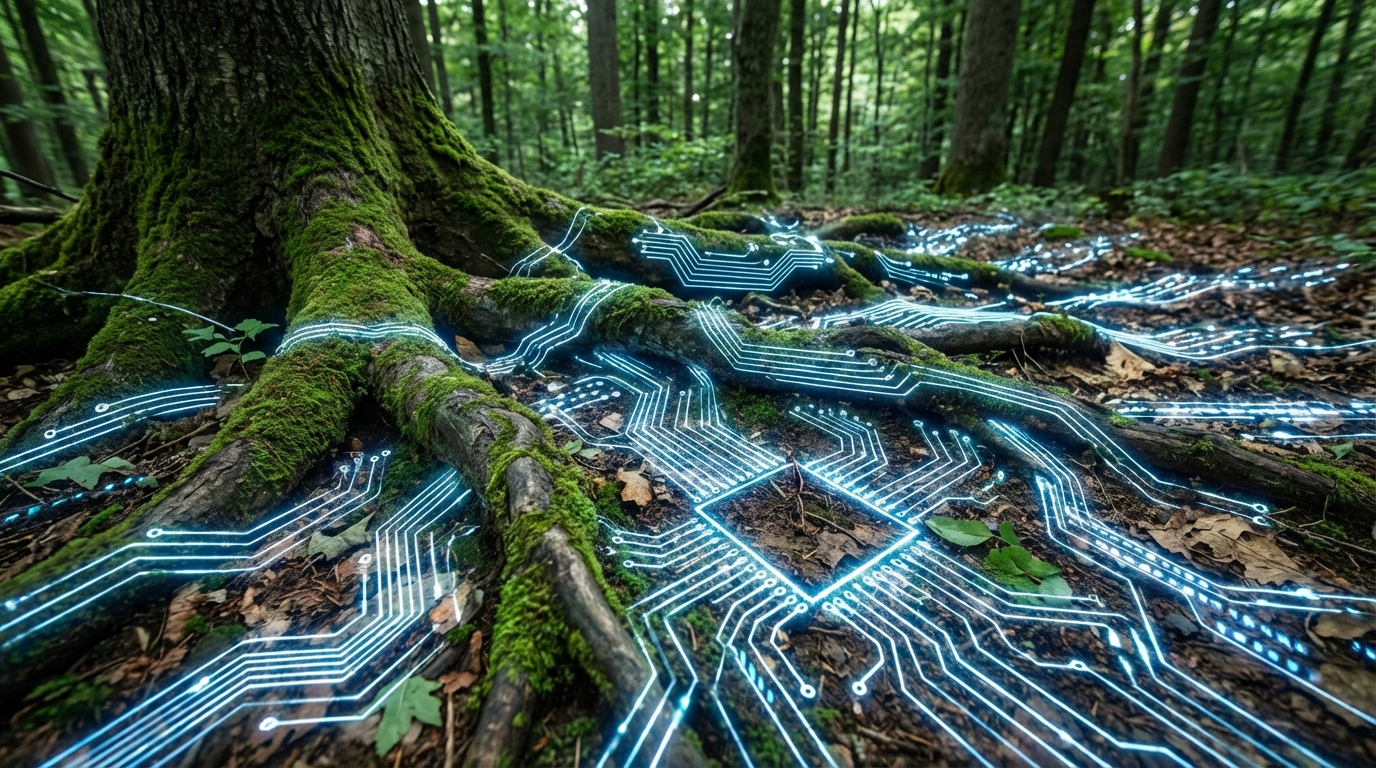 llustration artistique de racines d'arbres fusionnant avec des circuits électroniques lumineux, symbolisant l'alliance entre nature et communication numérique responsable.