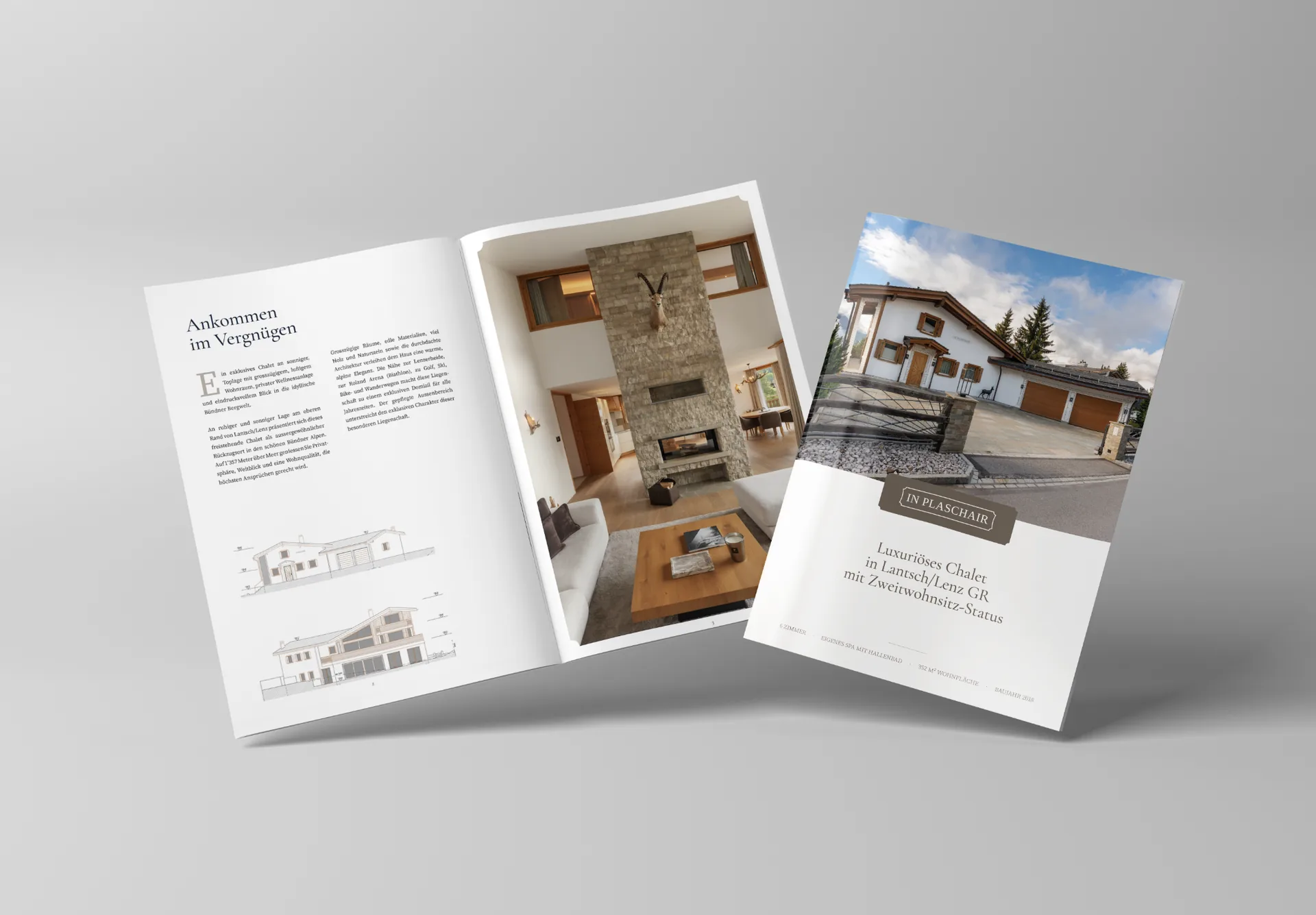 Chalet Lenz – brochure spread showing the chalet exterior and the living room fireplace