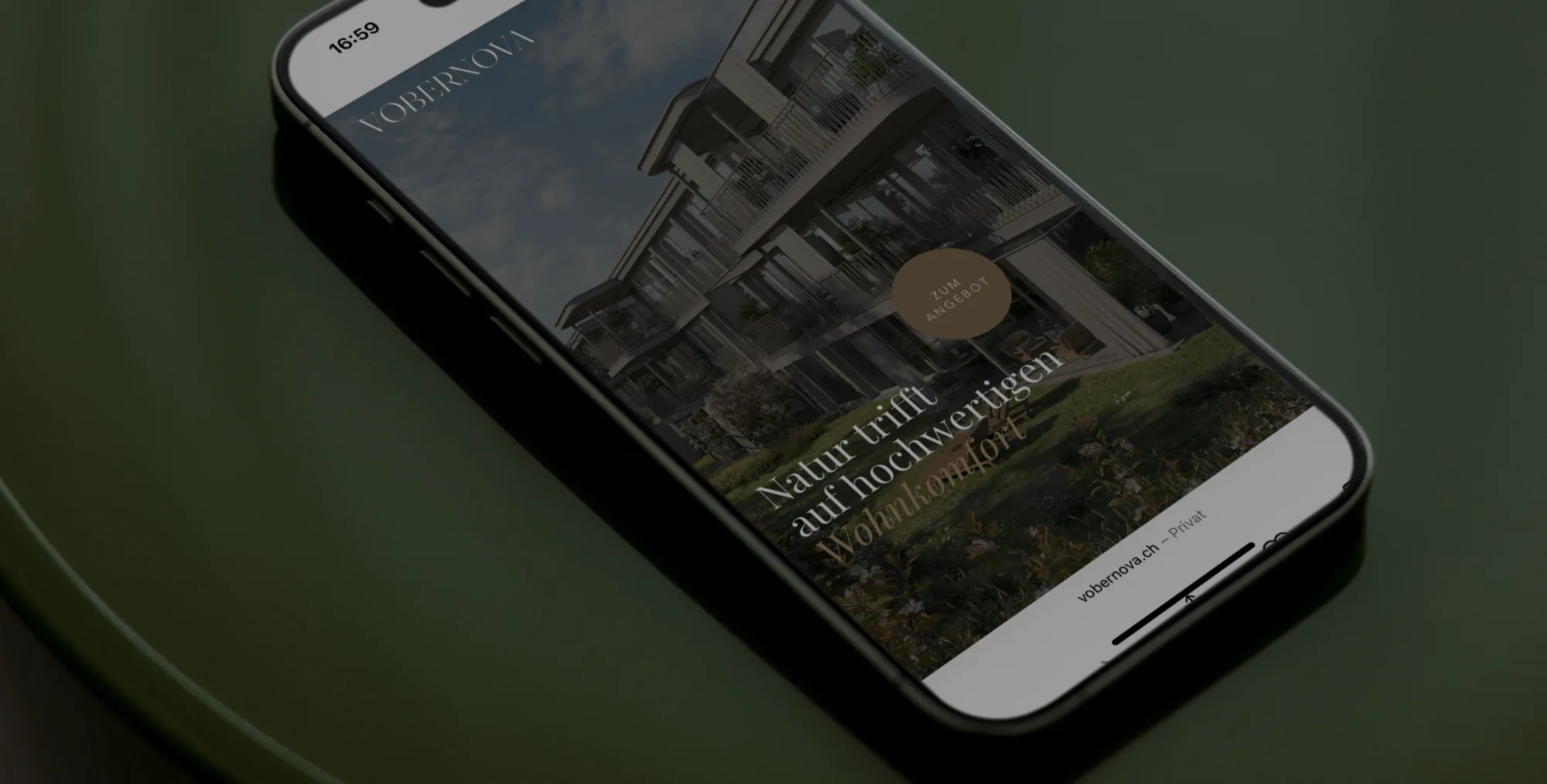 VOBERNOVA – website on a smartphone showing the project headline