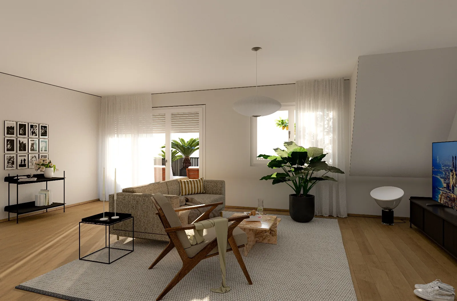 Private Mietwohnung – Visualisierung des Wohnzimmers mit Sofa, Sesseln und Pflanzen