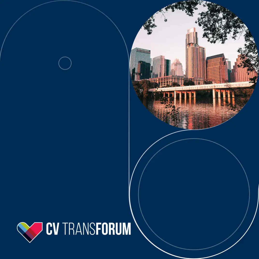 CV Transforum logo on a blue background with a cityscape of Austin, TX reflecting over the river.