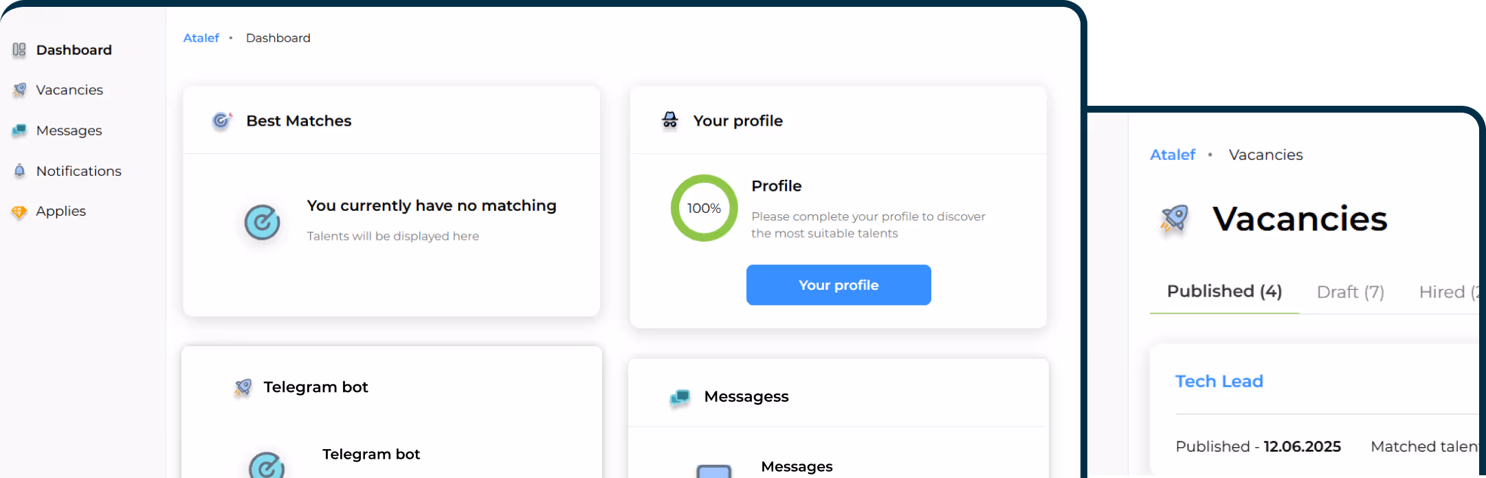 Two screens from Atalef's dashboards