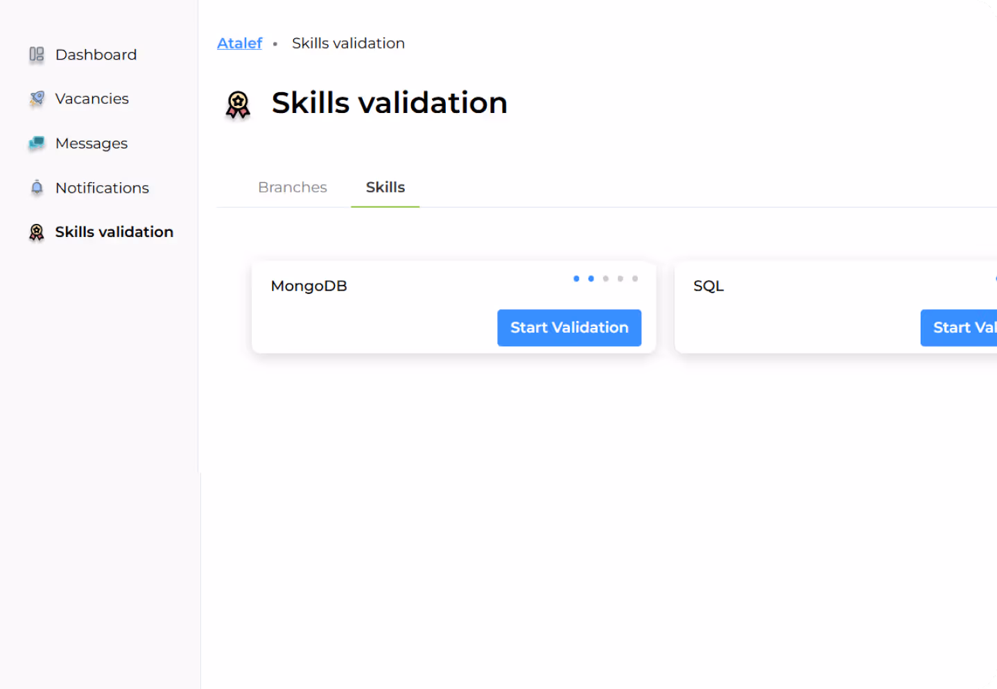 Dashboard screen about skill validation