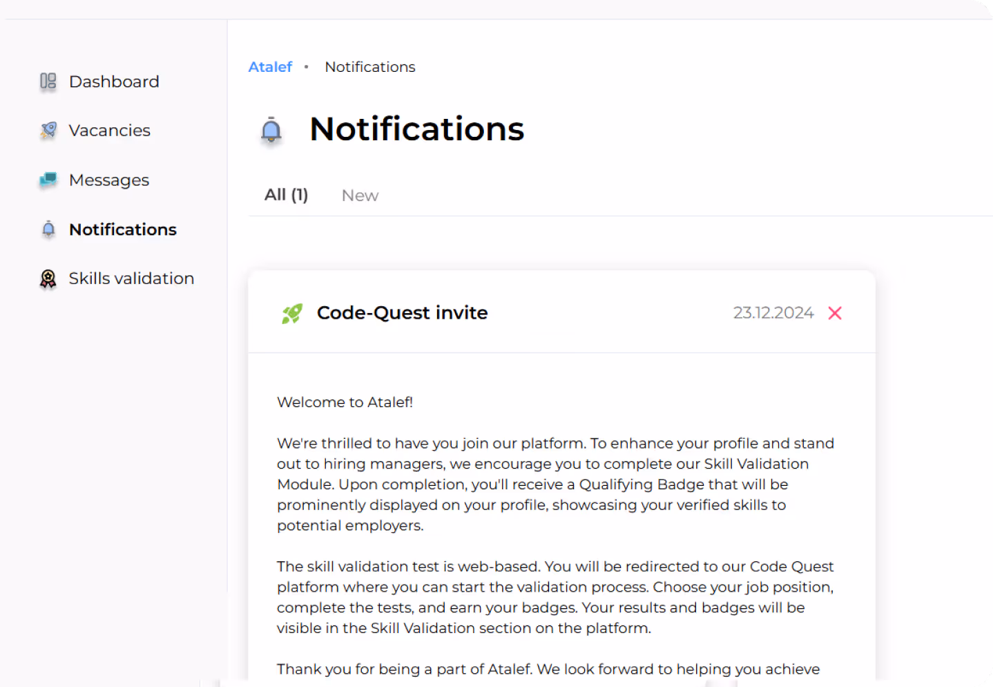 Dashboard screen about notifications