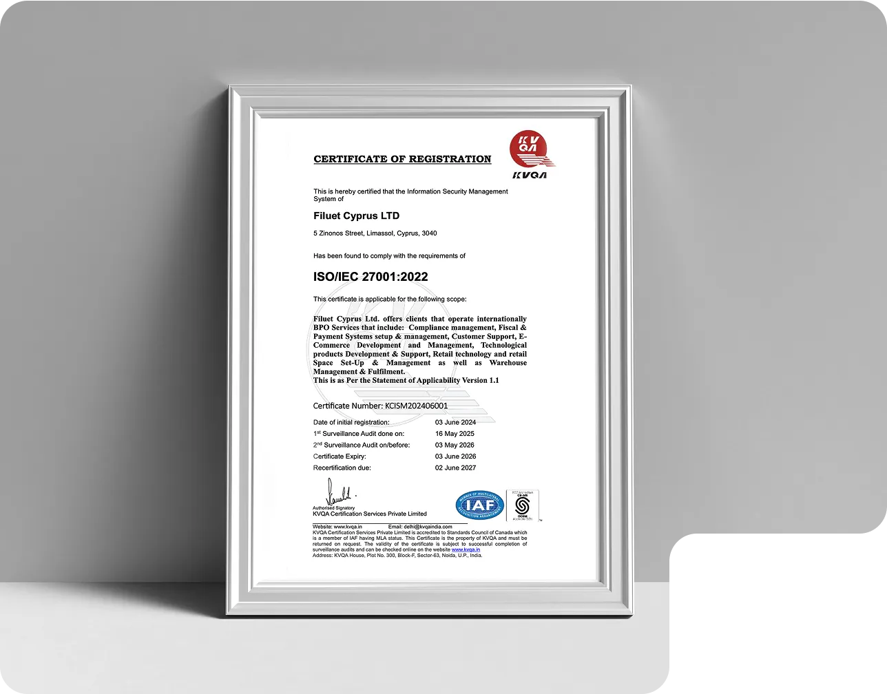 filuet's iso certificate