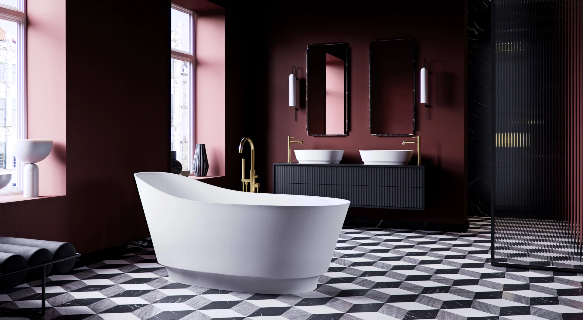 owalna wanna otoczona roślinami