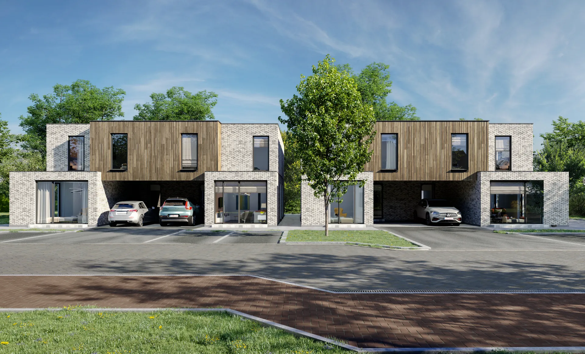 3D visualization of modern semi-detached houses in Vosselaar with a light brick façade, wooden cladding, indoor carports and large windows in a green environment.