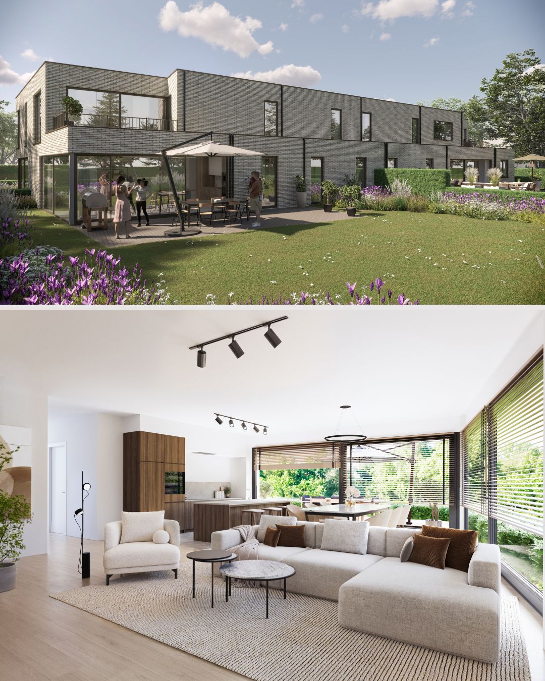 Moderne hotel in spanje op palen met glazen balkons, gelegen in een groene omgeving met struiken en gras onder een blauwe lucht.